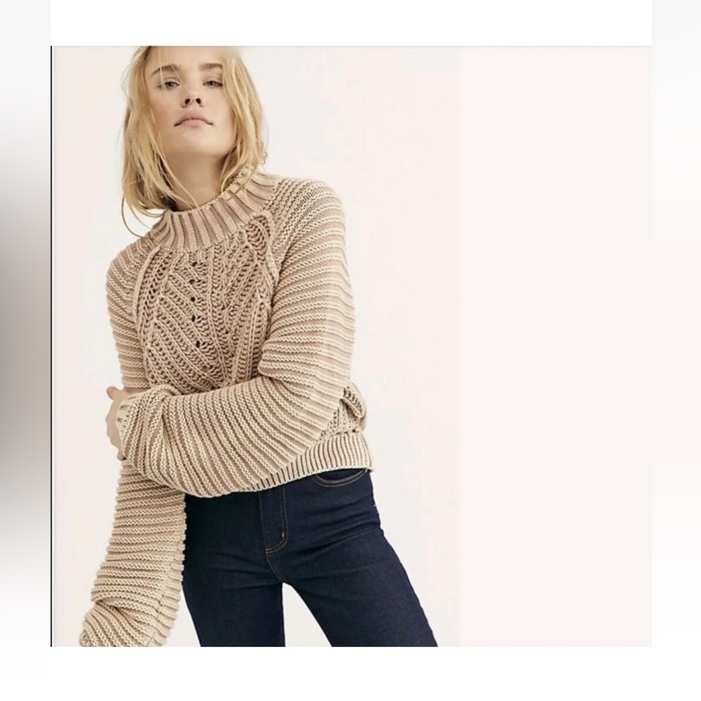 Free People Sweater Sweetheart Chunky Rib Knit Pullover Tan Large L